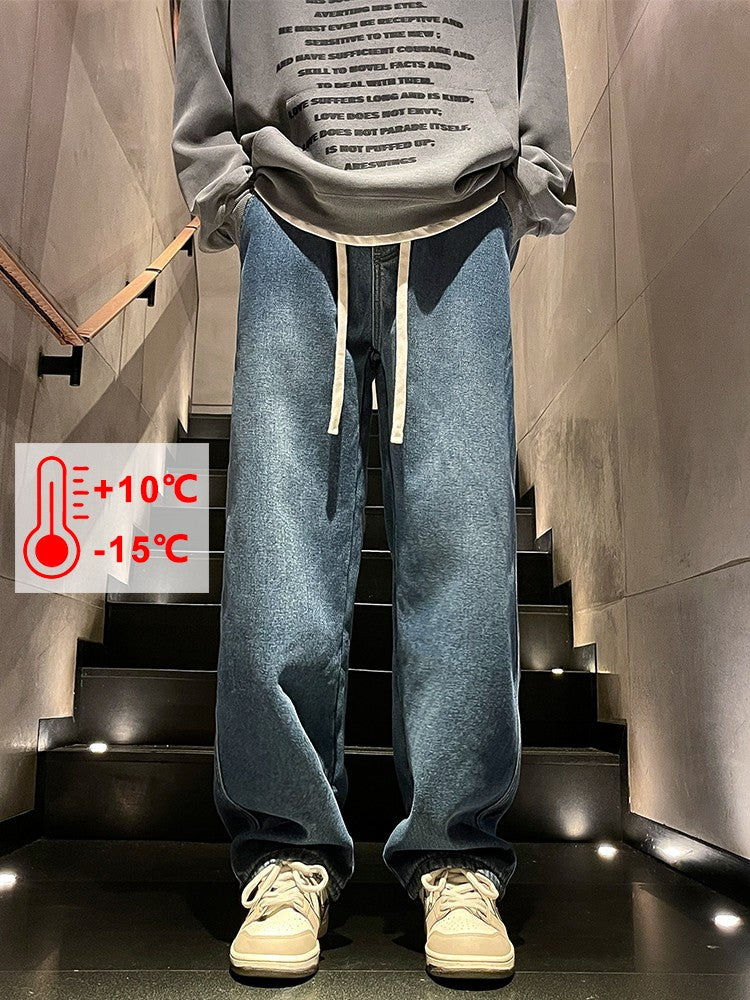 Men's Winter Jeans Fleece-Lined Brushed Thick Warm Denim Pants Korean Style Straight Fit Insulated Trousers Asians Size M-3XL