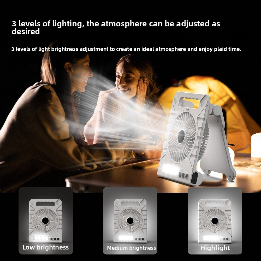 Powered Camping Solar Fan - Portable Rechargeable Handheld Fan with LED Light, Power Bank for Outdoor, Fishing, and Wild Camping