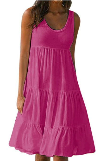 Plus Size Women Causual O Neck Sleeveless Ruffles Mini Dress Boho Solid Beach Sundress Oversized Loose Dress 2025 Summer