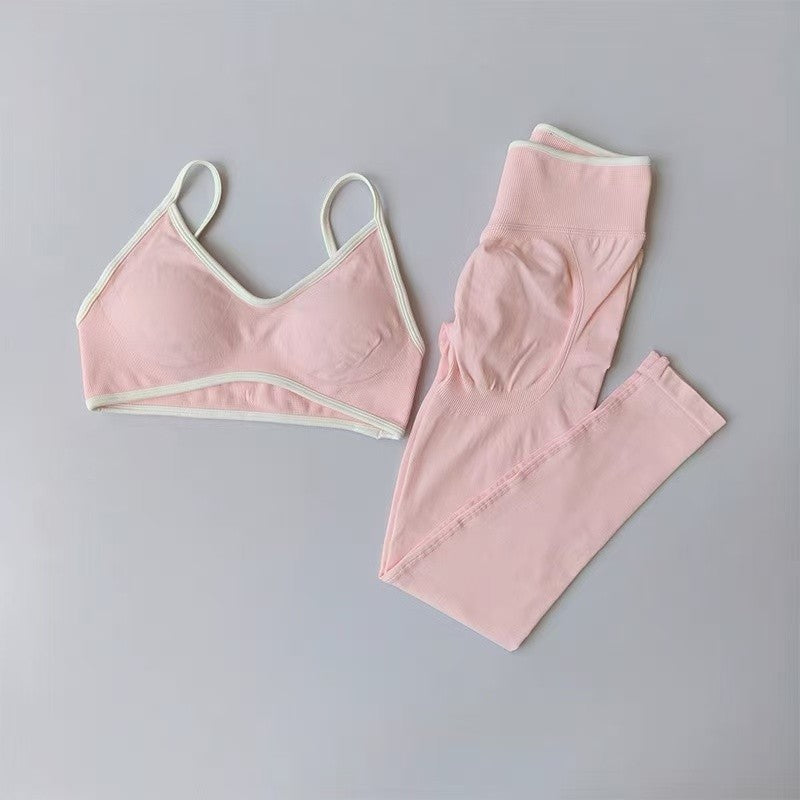 Women's Fitness Suit, Strappy Contrast Color Patchwork Sports Shockproof Slimming Quick-Dry Nude Feel Pants, Yoga Wear