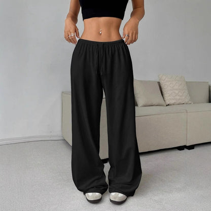 Elegant Solid High Waist Baggy Pants Fashion Women Loose Drawstring Pocket Wide Leg Pants Casual Sweatpant Streetwear Trousers