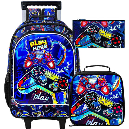Mochila de Rodinhas 3 Peças para Meninos, Mochila Escolar com Rodinhas para Crianças, Mochila Escolar com Rodinhas Gamer para Pré-escola e Ensino Fundamental