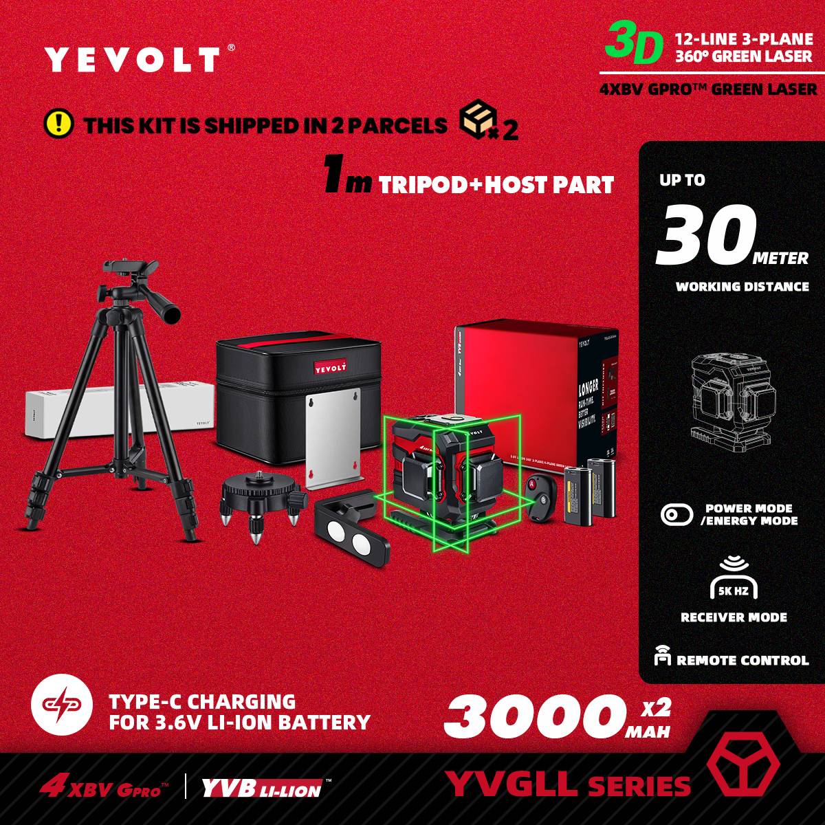 Nível a Laser Verde YEVOLT Série YVGLL4XS12T 3 Planos 12 Linhas Autonivelante 360 3D Horizontal & Vertical Ferramentas de Medição de Energia