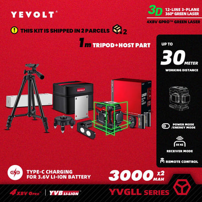 Nível a Laser Verde YEVOLT Série YVGLL4XS12T 3 Planos 12 Linhas Autonivelante 360 3D Horizontal & Vertical Ferramentas de Medição de Energia