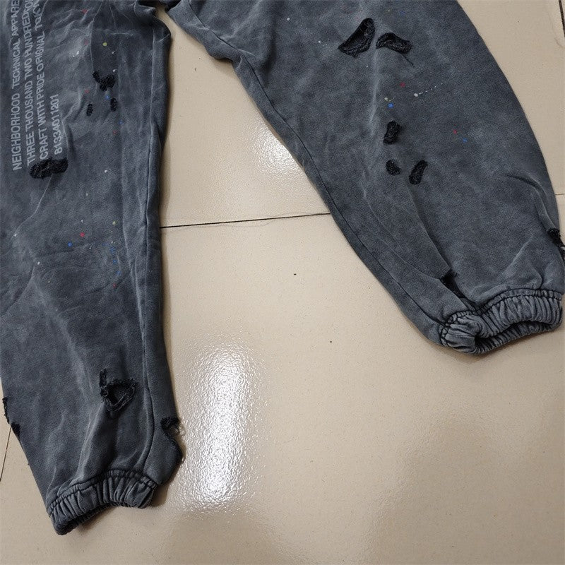 2025 Calças de Moletom NBHD Soltas Unissex de Alta Qualidade com Lavagem Pesada Retrô e Tinta Espirrada Calças de Pista Moletom Neighborhood