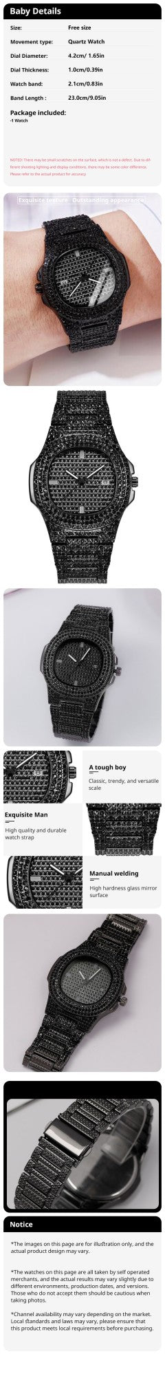 1pcs Fashion Business Calendar Men's Full Diamond Black Steel Band Quartz Watch