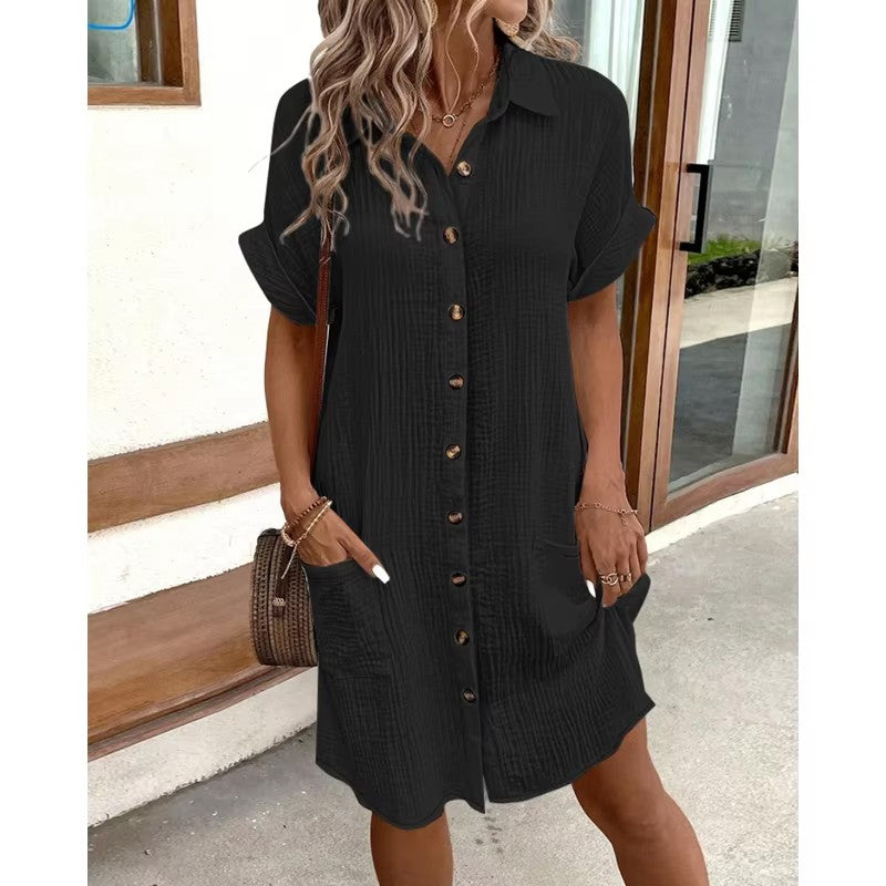 Fashion Women Summer Short Sleeve Shirt Dress Elegant Loose Simple Pockets Offic