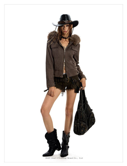 American hot girl big fur collar slim short jacket for women buckskin velvet waist slimming hooded cardigan sweatshirt