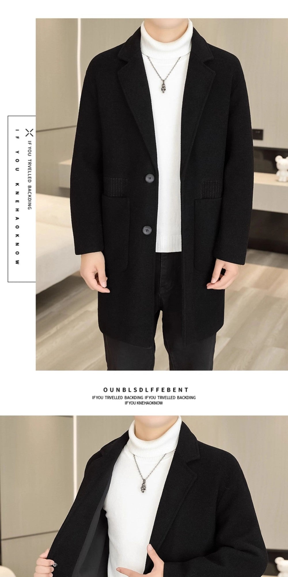 Men's Long Over-the-Knee Trench Coat Youth Black Business Casual Suit Collar Overcoat Mid-Length Trench Coat