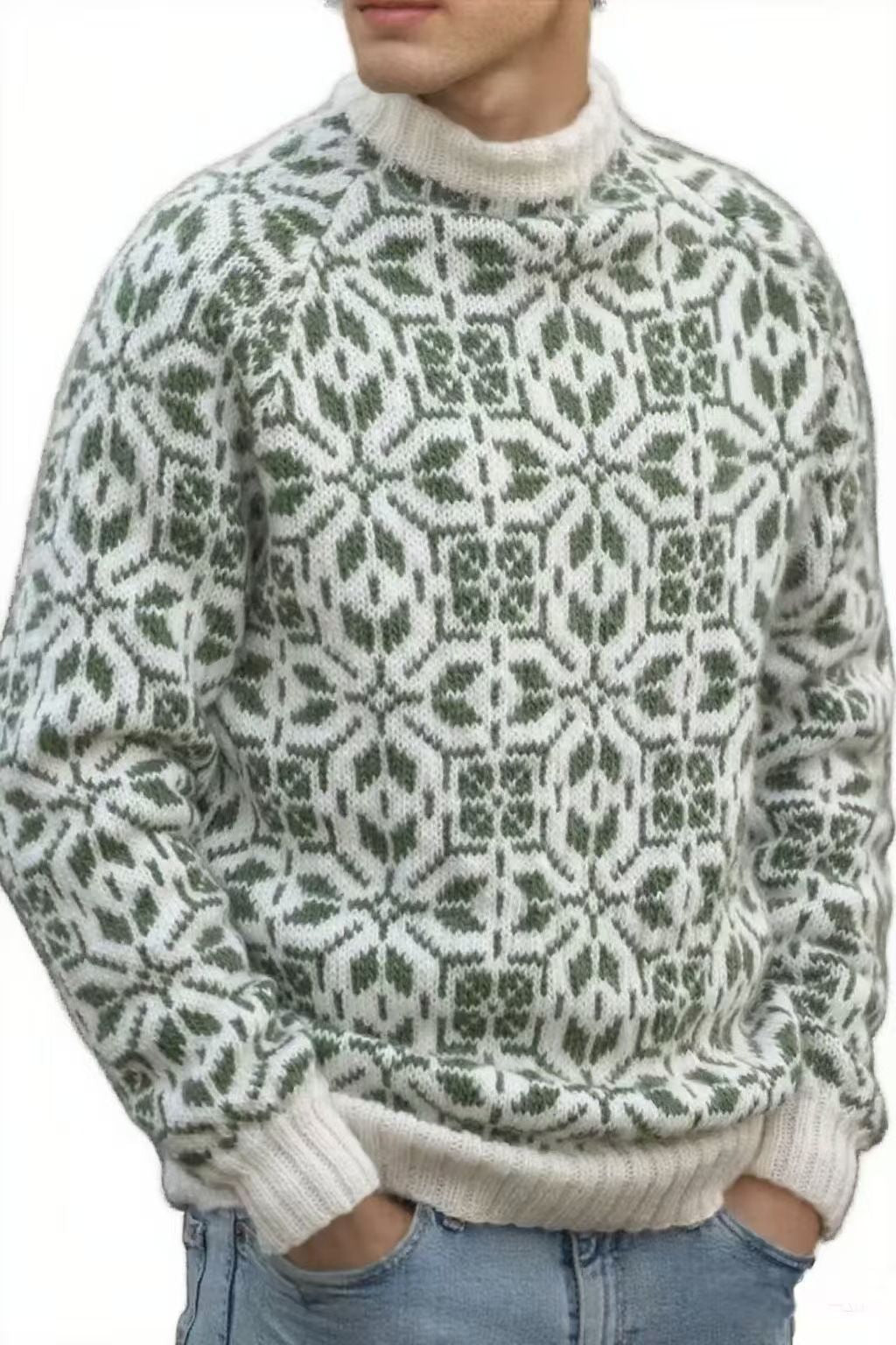 New Style Simple Retro Fresh Jacquard Sweater Loose Street Pullover Contrast Color Long Sleeve Knitted