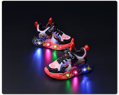 Boys Spiderman Sneakers Disney LED Children's Sport Shoes Fashion Anti-slip Kids Outdoor Shoes Student Design Pu Leather Shoes