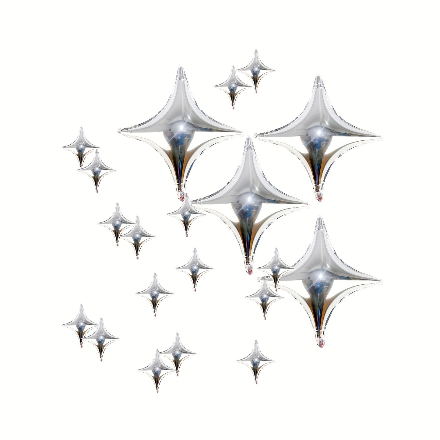 20-Pack of Silver Four-Pointed Star Balloons, Party Foil Balloons, 4 Silver Four-Pointed Star Balloons and 16 Silver 10inch Four-Pointed Star Balloons, Suitable for Birthday Parties, Theme Party Decorations