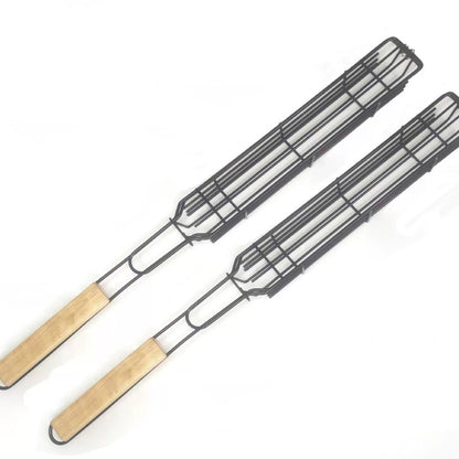 Stainless Steel Barbecue Grill Cage with Wooden Handle Picnic Kitchen Tools BBQ Basket for Fish Shrimp Vegetables Hot Dog