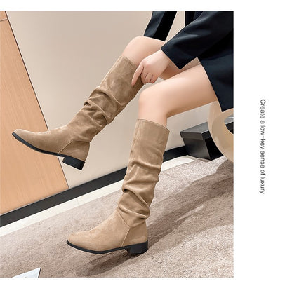 Pleated Boots Women Faux Suede Flock Knee High Boots 2024 Winter Women Fashion Slip on Square Low Heel Knight Booties Mujer 202