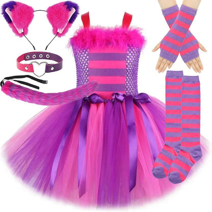 THEEPER Halloween Cheshire Cat Style Costume Tutu Dress for Girls, Animal Fancy Outfit Set for Halloween Carnival Birthday Party
