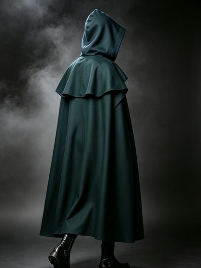Medieval Vintage Hooded Long Cos Cloak, Dark Green Double Lapel Tie Cape, Unisex Ranger Hunter Wizard Role Play Costume, Retro Gothic Cosplay Coat for Halloween Stage Performance