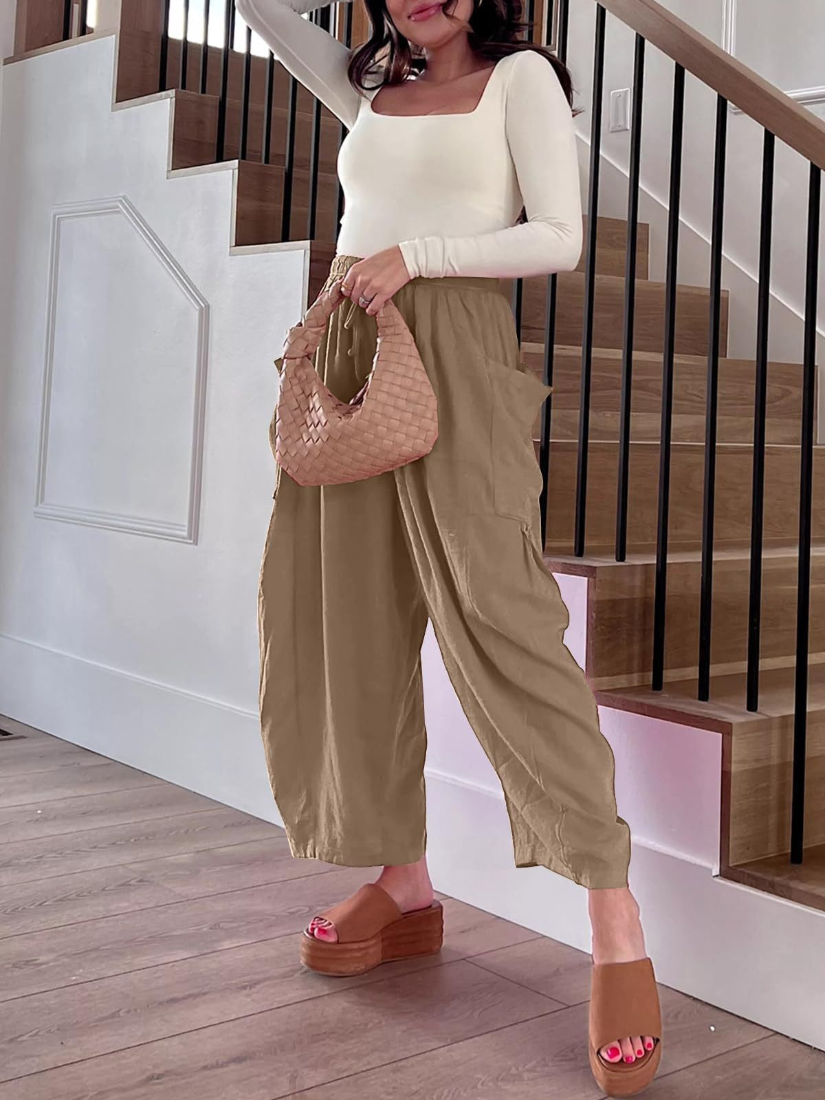 Women's Stretched-waist Pleated High-waisted Wide-leg Trousers Spring Autumn Fashion Cotton Linen Pocket Casual Trousers Woman
