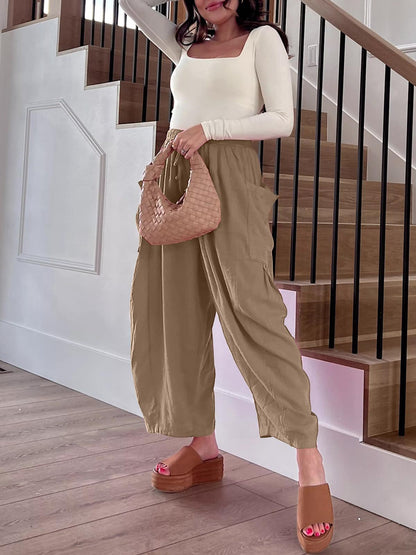 Women's Stretched-waist Pleated High-waisted Wide-leg Trousers Spring Autumn Fashion Cotton Linen Pocket Casual Trousers Woman