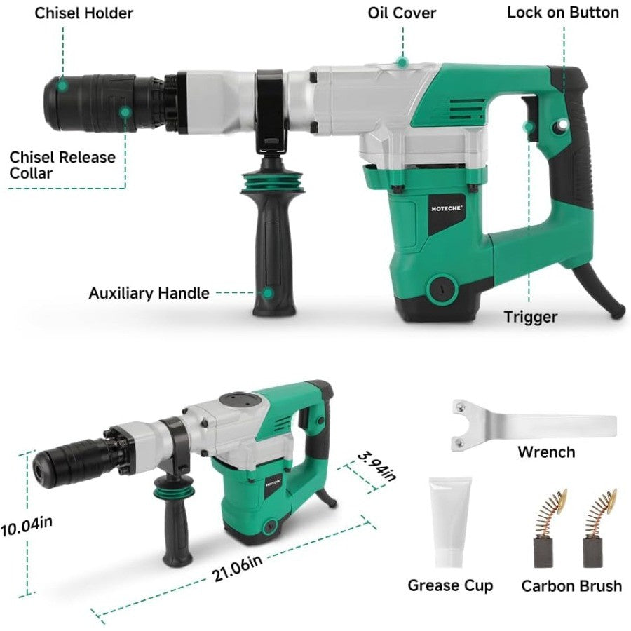 Martelo Demolidor Elétrico 1500W para Serviço Pesado SDS-MAX Quebrador de Concreto com Talhadeira Chata para Construção e D