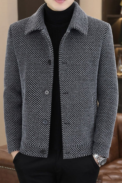 Korean Winter Woolen Jacket Men Plush and Warm Short Trench Coat Plaid Casual Business Streetwear Overcoat Social Men Clothing