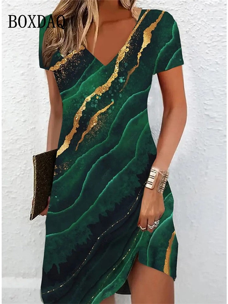 Women's Casual Dress Summer 2024 Marble Print V Neck Short Sleeve Midi Dress Tie