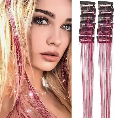 12Pçs Cabelo Sintético Tinsel 50cm com Presilha Glitter Tinsel Presilha de Cabelo Kit de Tinsel Resistente ao Calor Brilho Cintilante Cabelo de Fada