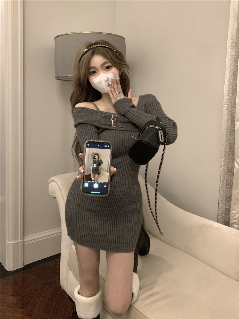 MEXZT Y2K Knitted Mini Dress Women Streetwear Sexy Off Shoulder Sweater A Line Dresses Christmas Party Korean Bodycon Vestidos