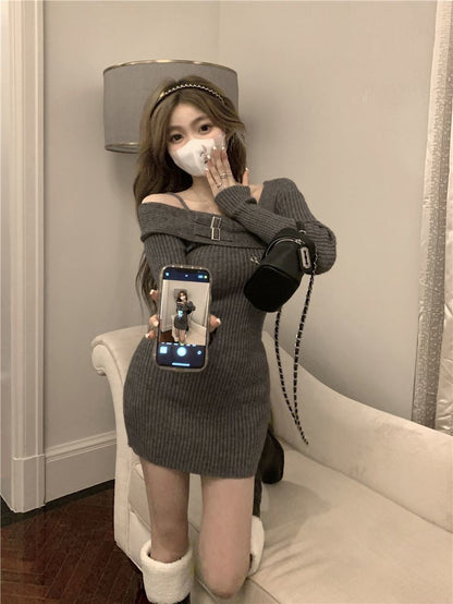 MEXZT Y2K Knitted Mini Dress Women Streetwear Sexy Off Shoulder Sweater A Line Dresses Christmas Party Korean Bodycon Vestidos