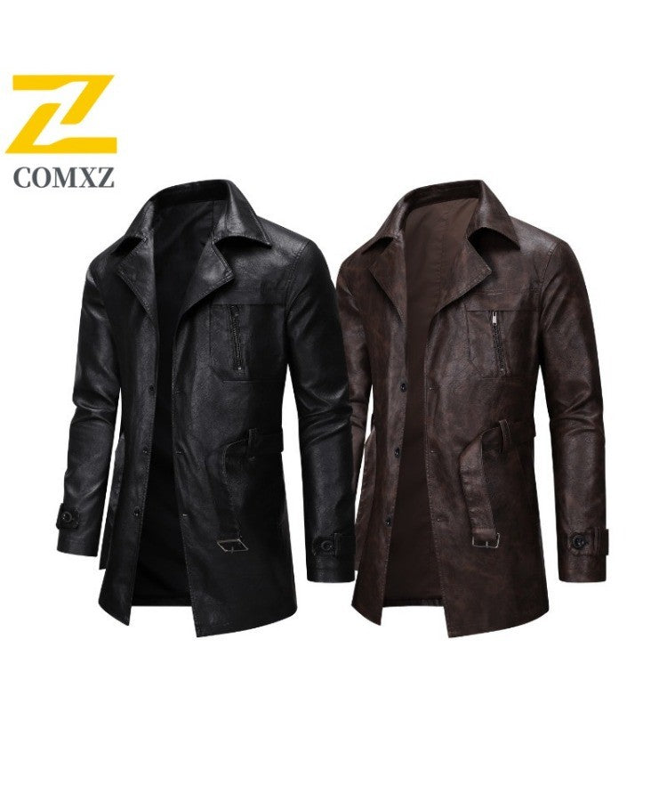 New Mid-length Men's Leather Jacket Spring and Autumn Fashion Functional Lapel PU Jacket Retro Men's Motorcycle Leather Jacket