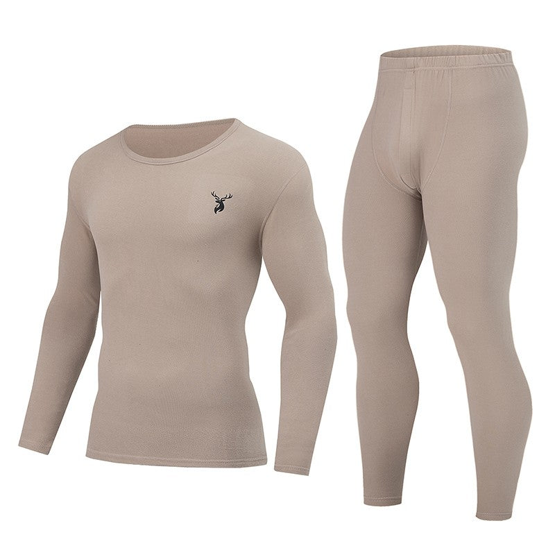 2-piece Autumn And Winter Men's Fashion Lucky Deer Pattern Solid Color Basic Warm Underwear Set Comfortable Long Sleeve Pants