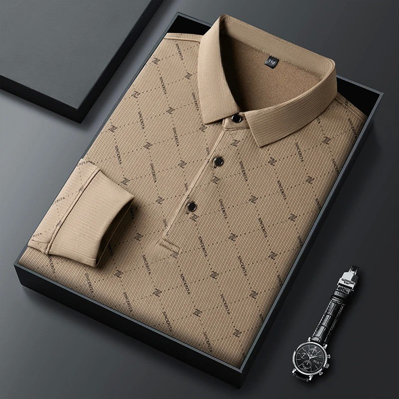 New Men's Business Casual Long Sleeved Shirt with Badge Solid Color Polo Shirt Fashionable Breathable Comfortable Versatile Top