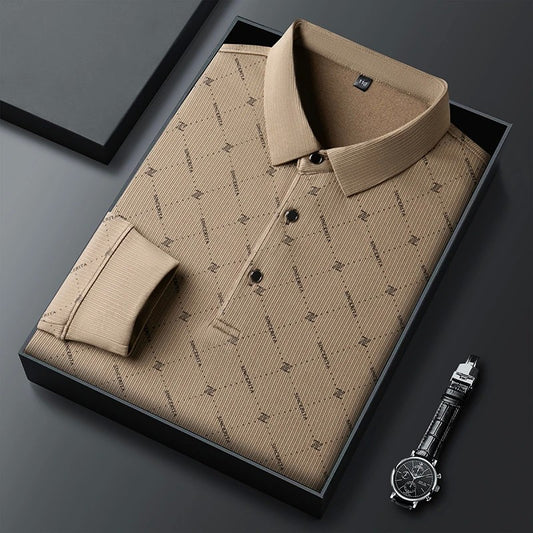 New Men's Business Casual Long Sleeved Shirt with Badge Solid Color Polo Shirt Fashionable Breathable Comfortable Versatile Top