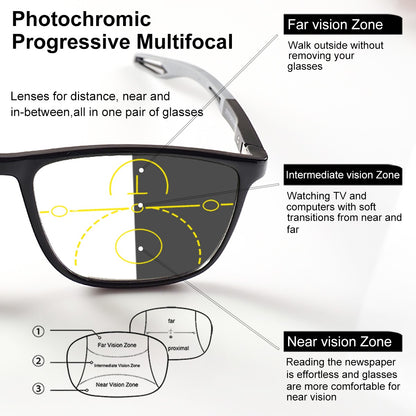 Progressive Multi-Focus Reading Glasses, Photochromic, Anti-Blue Light, Tr90 Tough Frame, Suitable for Men and Women, +100-+400