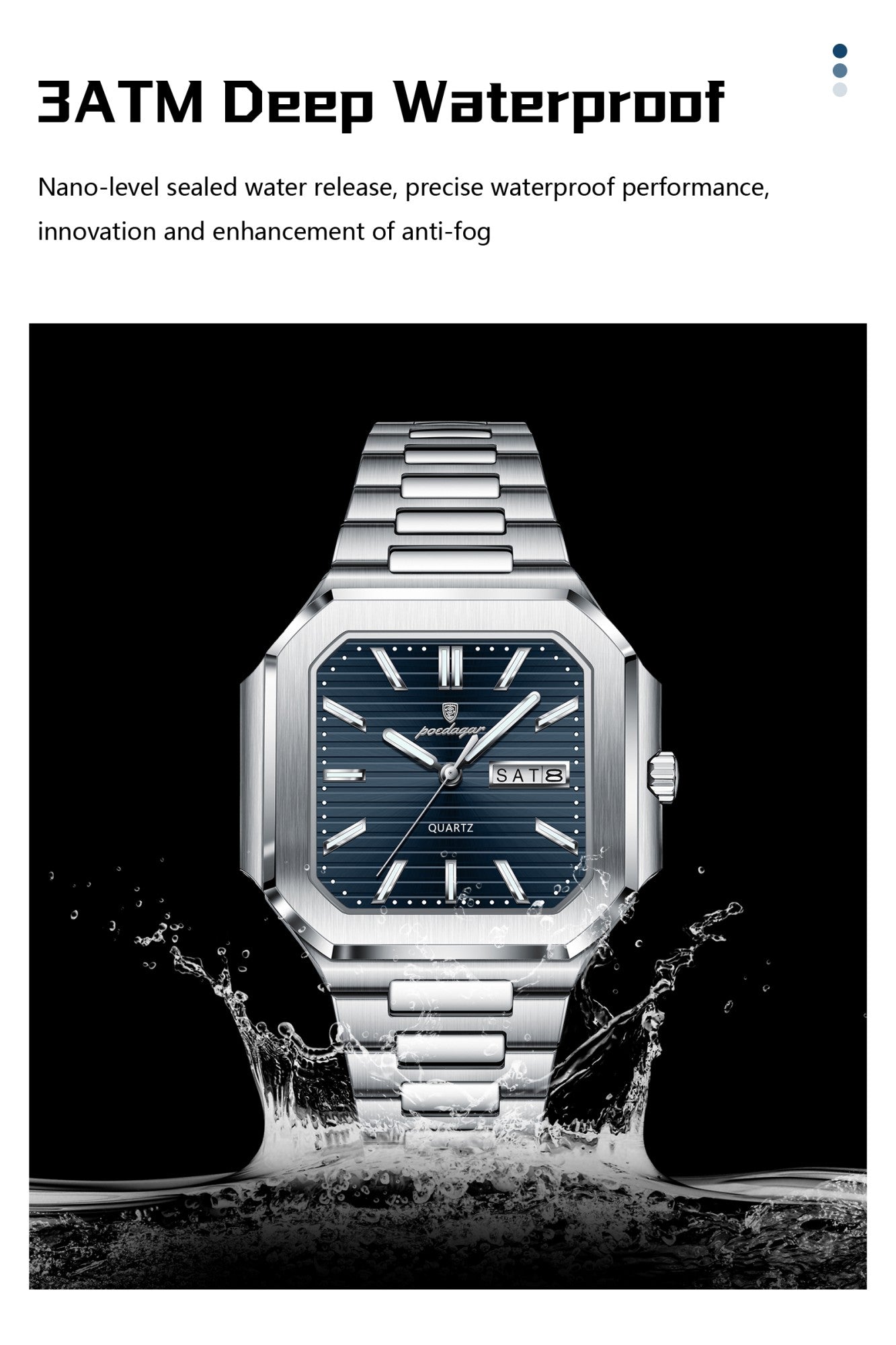 POEDAGAR Square Fashion Man Wristwatch Waterproof Luminous Date Week Quartz Men's Watches Stainless Steel Luxury Men Watch Reloj