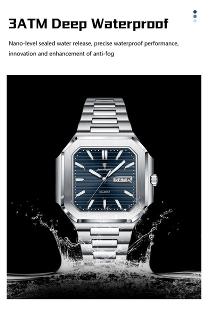 POEDAGAR Square Fashion Man Wristwatch Waterproof Luminous Date Week Quartz Men's Watches Stainless Steel Luxury Men Watch Reloj