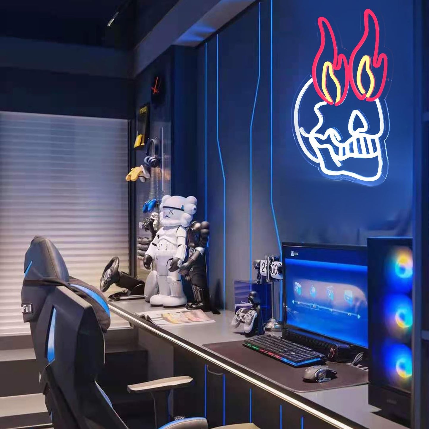 Paredes de Neon Chama de Crânio Decoradas com LEDs de Halloween Reguláveis, Alimentadas por USB, Decorações de Festa de Halloween para Caverna Masculina, Bar, Clube, Sala de Jogos