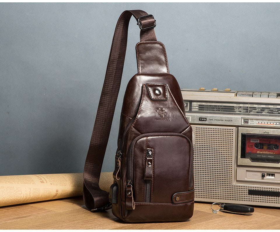 HUMERPAUL Men's Usb Chest Bag 100% Genuine Leather Crossbody Shoulder Bags Multifunction Travel Outdoor Messenger Pack Fashion