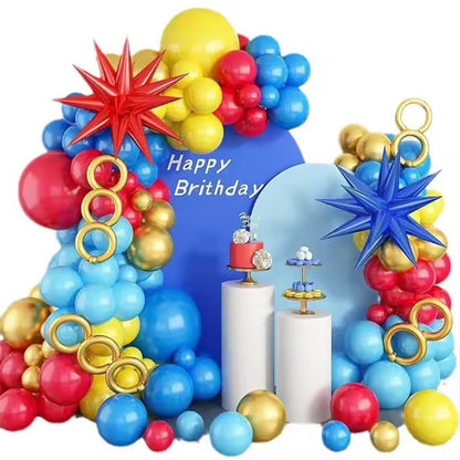 112Pcs Red Blue Yellow Balloons Metal Strip Balloons Arch Garland Kit Cartoon Carnival Circus Theme Birthday Party Decoration