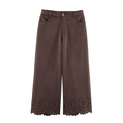 Die-Cut Hem Faux Suede Wide Leg Pants For Women Vintage Brown High Waist With Pockets Casual Loose Trousers