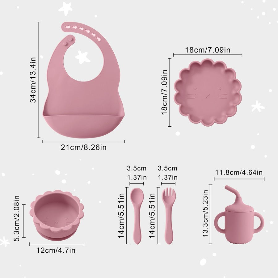 Color Kids Baby Feeding Set Solid Color Utensils Waterproof Bib Cartoon Lion Shape Sucker Dishes Plate Feeding Bowl Spoon Cup