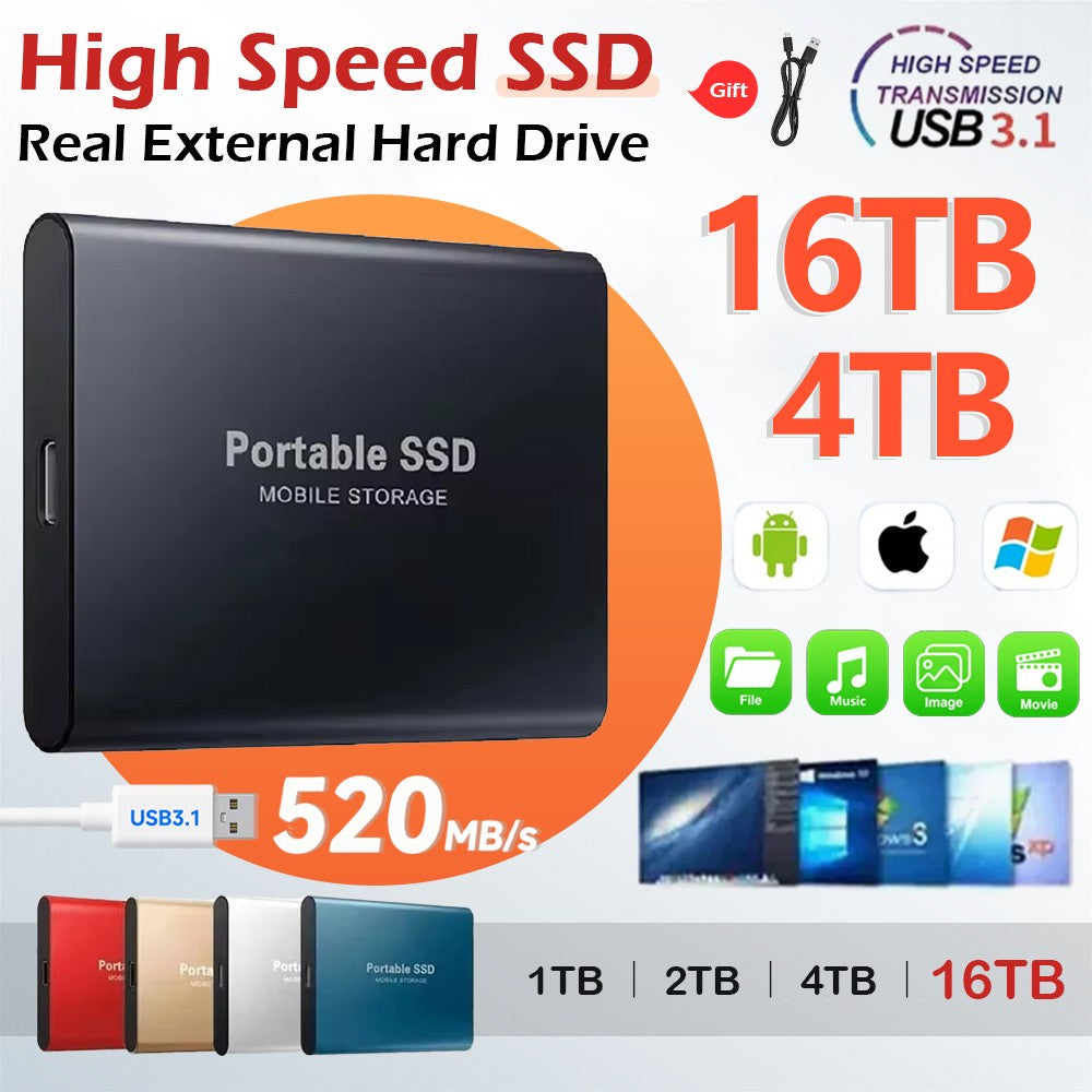 SSD Portátil de Alta Velocidade 1TB Disco Rígido Externo Interface USB3.1 Disco Rígido 2TB Unidade de Estado Sólido 4TB Armazenamento em Massa para Laptop/PC