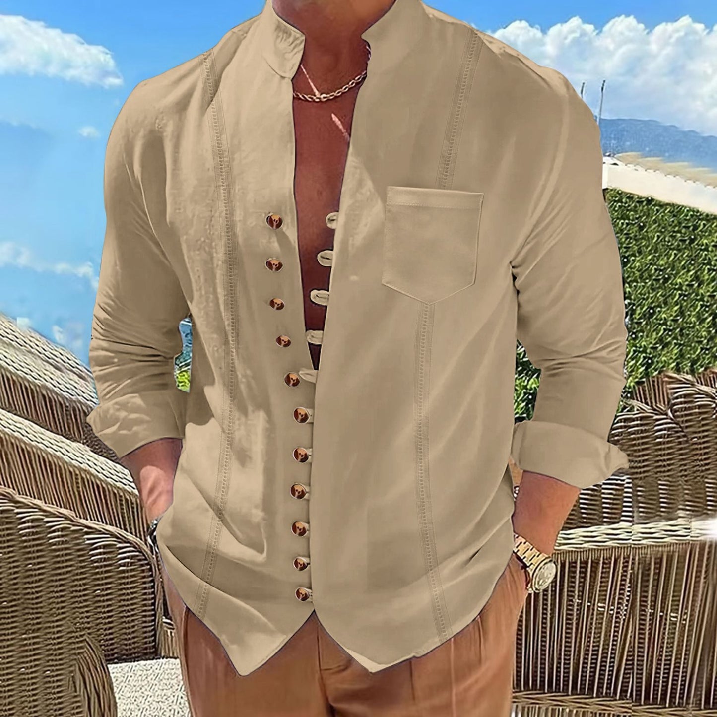 2025 Men's new cotton and linen pocket retro stand-up collar long-sleeved shirt Casual multi-button solid color striped cardigan