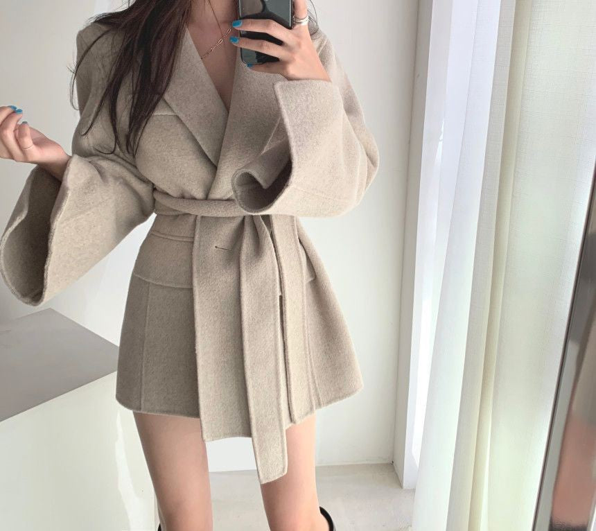 Retro Chic Autumn Winter Woolen Coat One Button Long Sve Suit Collar Waist Cinched Side Slit Warm Knitwear for Women