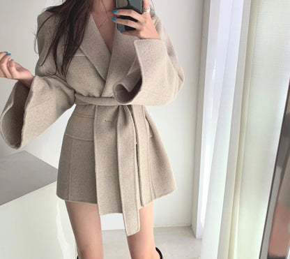 Retro Chic Autumn Winter Woolen Coat One Button Long Sve Suit Collar Waist Cinched Side Slit Warm Knitwear for Women
