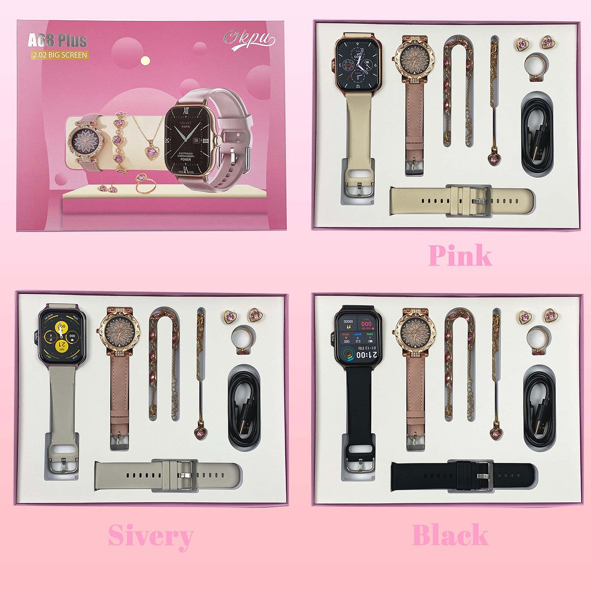 Fashion Smart Watch Gift Box Set + Diamond Quartz Watch + Necklace + Earrings + Ring + Bracelet