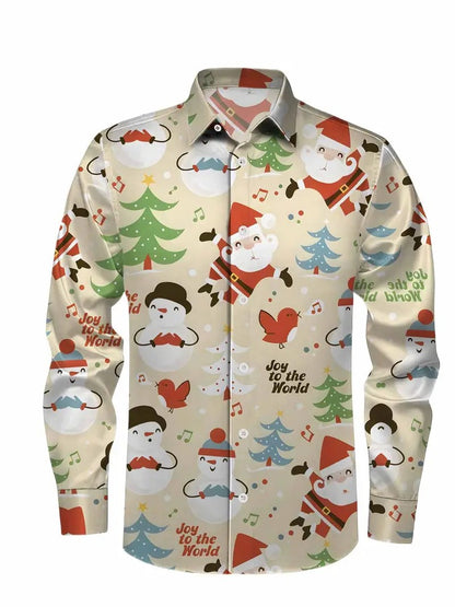 Christmas Men's 3D Printed Formal Shirt Santa Claus Elk Pattern Long Sleeve Shirt Fashion Men's Shirt