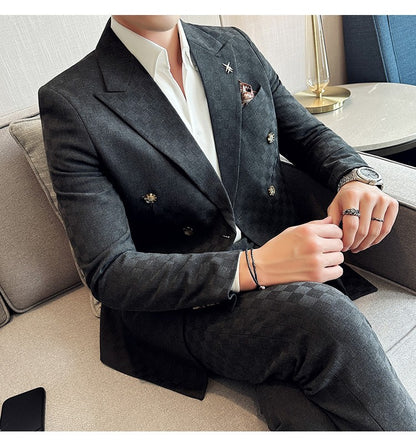 (Jacket+Pants)Luxury Checkered Double Breasted Suit  2 Pieces Fashion Business Slim Fit Social   Formal Suit Evening Dress 5XL-M