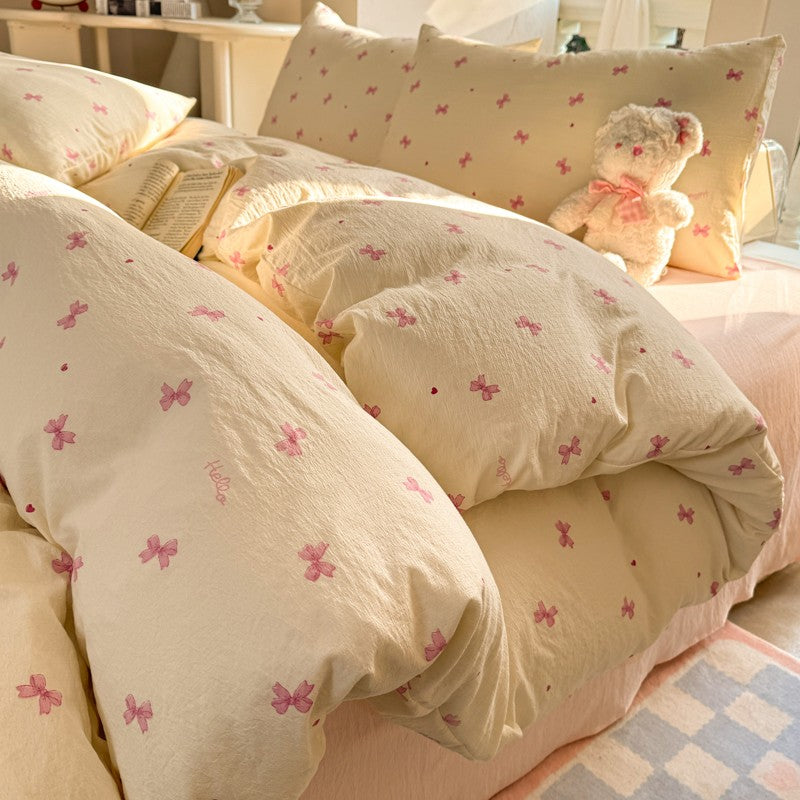 INS Cute Bow Bedding Set for Girls Women Soft Bed Sheet Set Pillowcase Single Twin Full 200x230cm Kawaii Duvet Cover Set