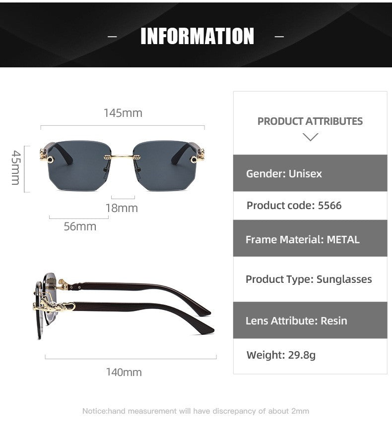 Square Sunglasses For Men Women Fashion Metal Leopard Head Rimless Eyewear Travel And Driving Shades Oculos De Sol UV400