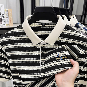2025 Brand Collar Thin Top Men's Summer Business Casual Fashion Striped Short Sleeved Polo Shirt Breathable T-shirt